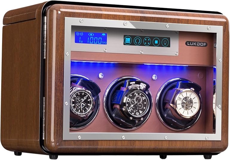 Automatic Watch Winder with 3 Quiet Motors, LCD Screen Display, 4 Watch Storage Compartments, Built-in Lighting, and 5 Adjustable Upgraded Watch Pillows, Walnut Wood Finish - Image 2