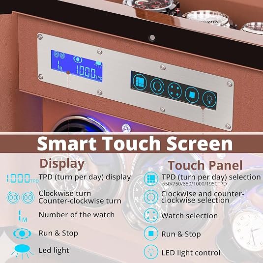 Automatic Watch Winder with 3 Quiet Motors, LCD Screen Display, 4 Watch Storage Compartments, Built-in Lighting, and 5 Adjustable Upgraded Watch Pillows, Walnut Wood Finish - Image 3