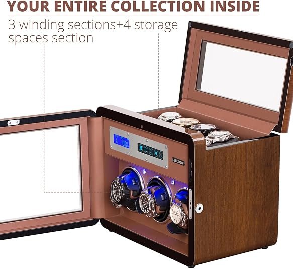 Automatic Watch Winder with 3 Quiet Motors, LCD Screen Display, 4 Watch Storage Compartments, Built-in Lighting, and 5 Adjustable Upgraded Watch Pillows, Walnut Wood Finish - Image 5