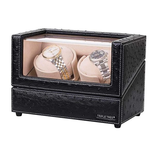 Double Watch Winder for Automatic Watches – Leather Finish with Soft Plush Pillows