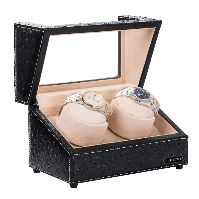 Double Watch Winder for Automatic Watches – Leather Finish with Soft Plush Pillows - Image 2