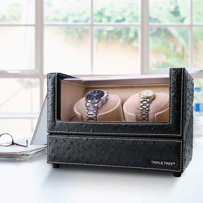 Double Watch Winder for Automatic Watches – Leather Finish with Soft Plush Pillows - Image 7