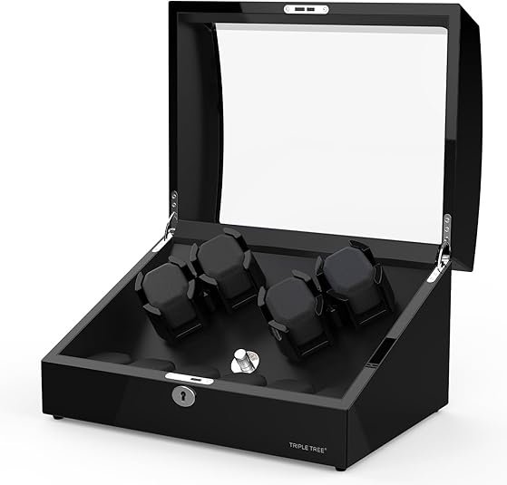 4-Slots Automatic Wooden Watch Winder Box, High-Gloss Piano Lacquer Finish
