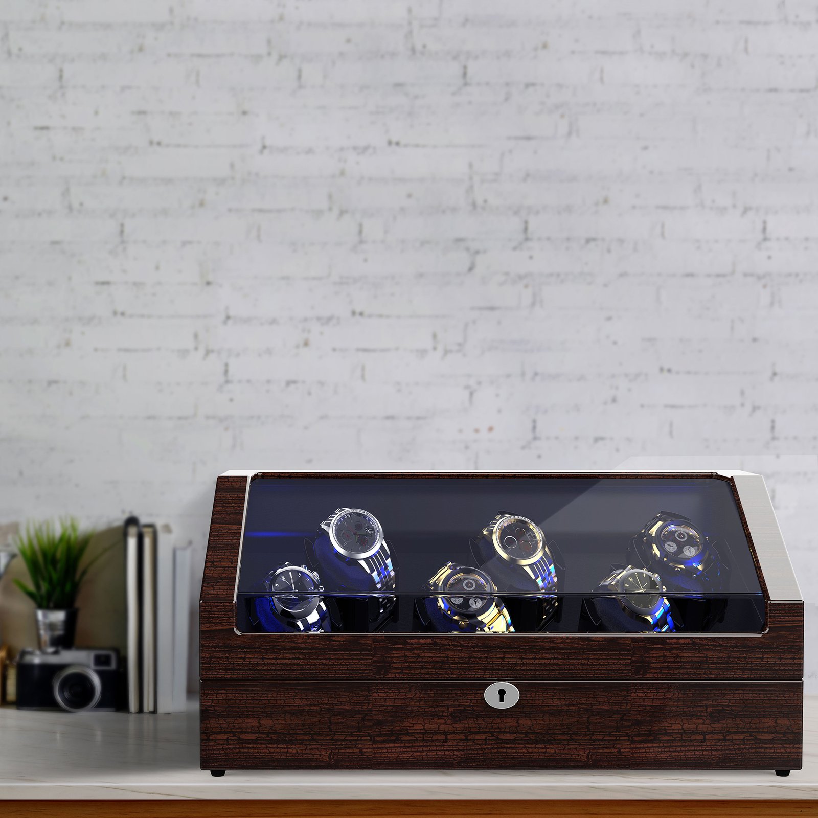 6-Slots Watch Winder with 6 Storage,Wood Piano Paint Shell+Pine Bark Pattern,ARCTICSCORPION - Image 2