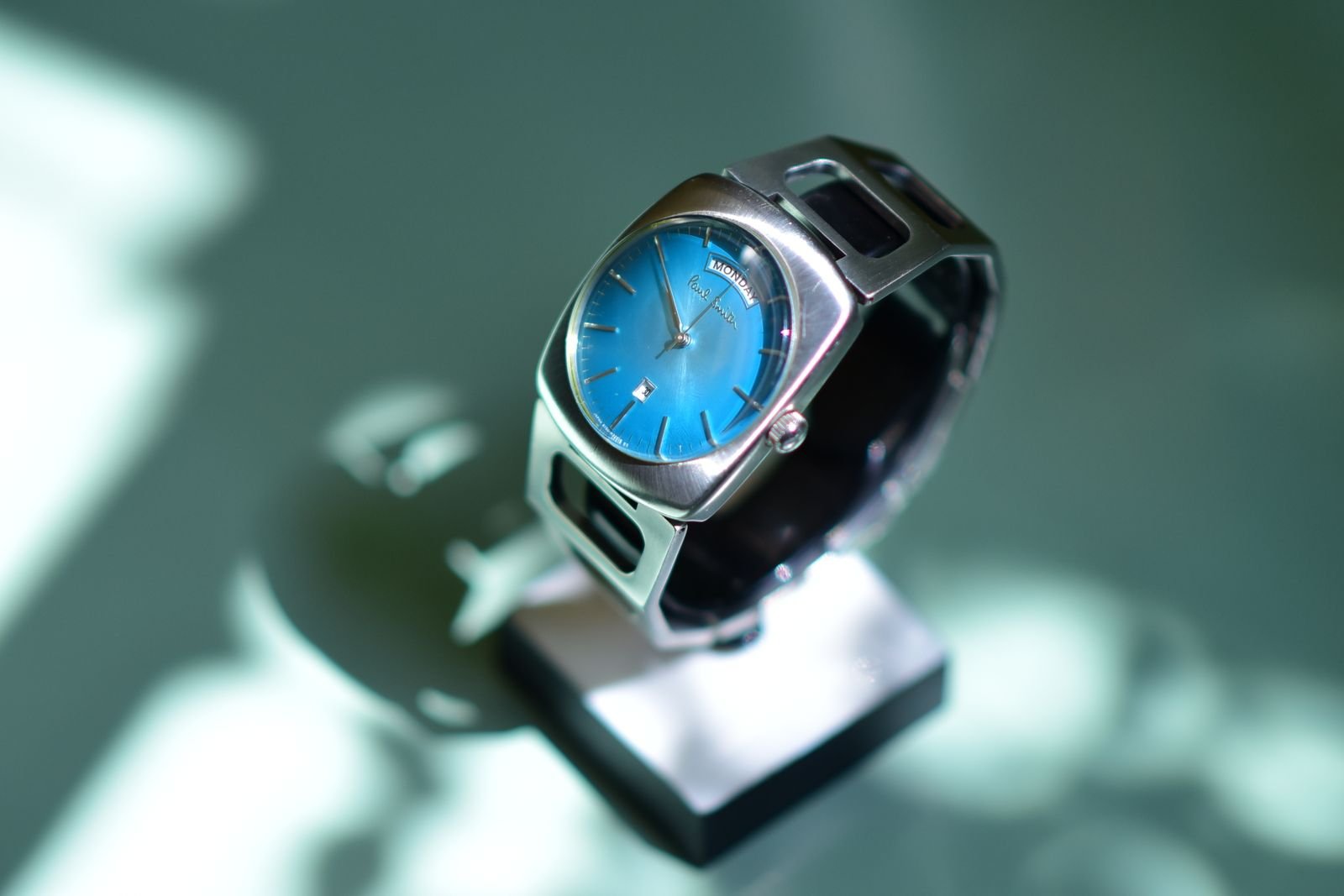 Modern blue-dial watch displayed upright for a watch winder setup test