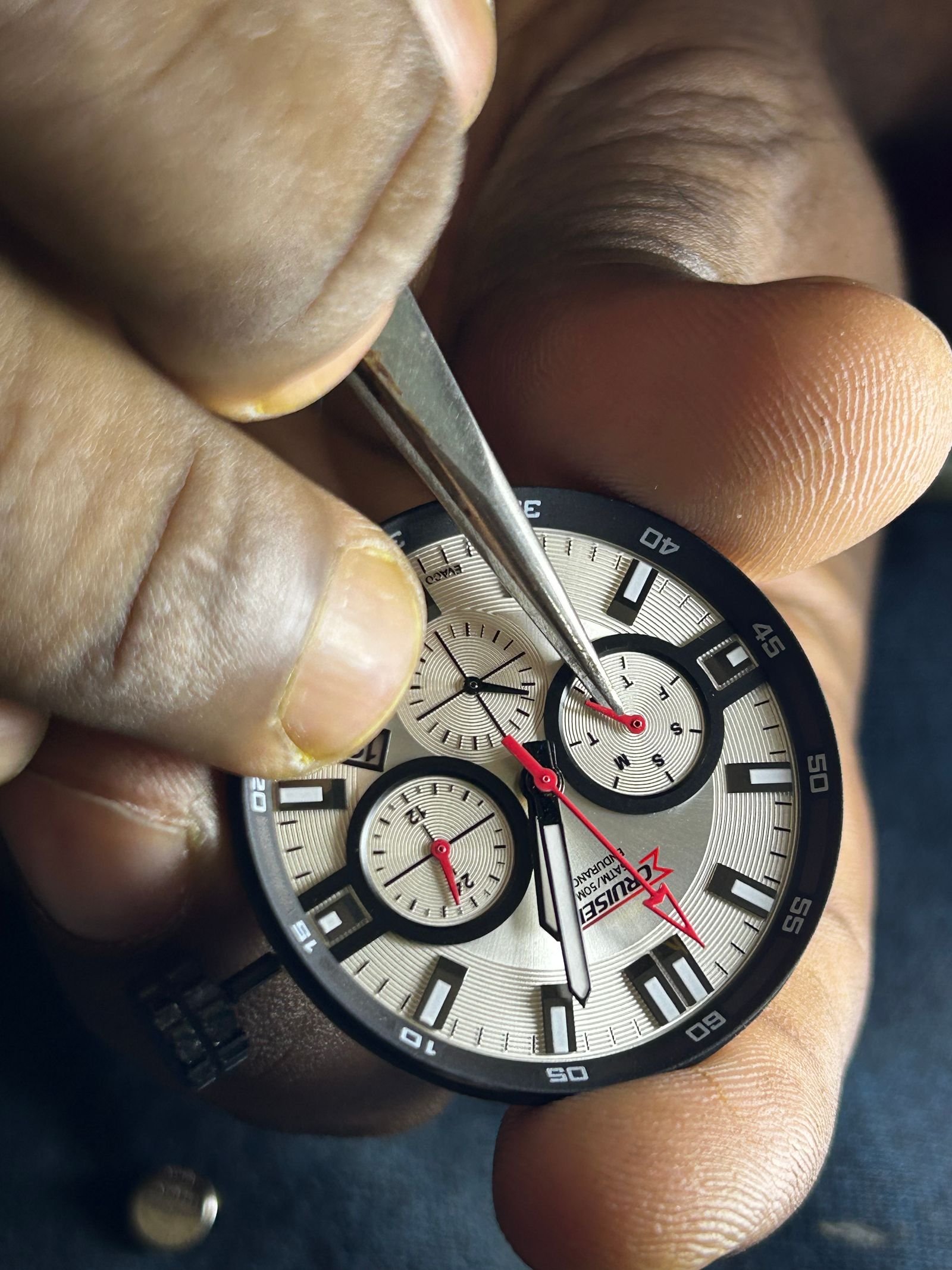 Precision tools used to confirm a damaged watch mainspring and related faults