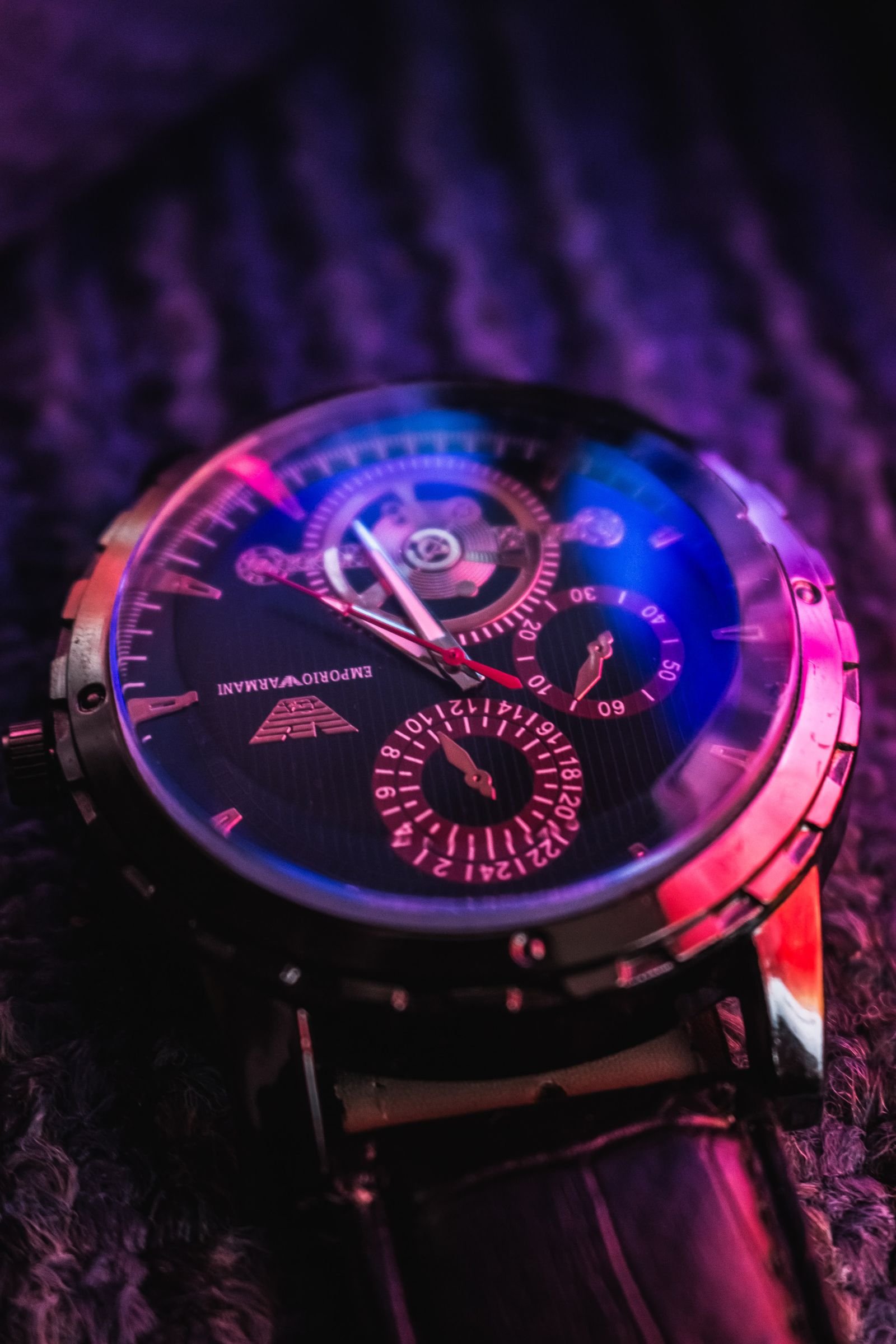 Close-up chronograph dial illustrating details to inspect when authenticating a TAG Heuer Monaco