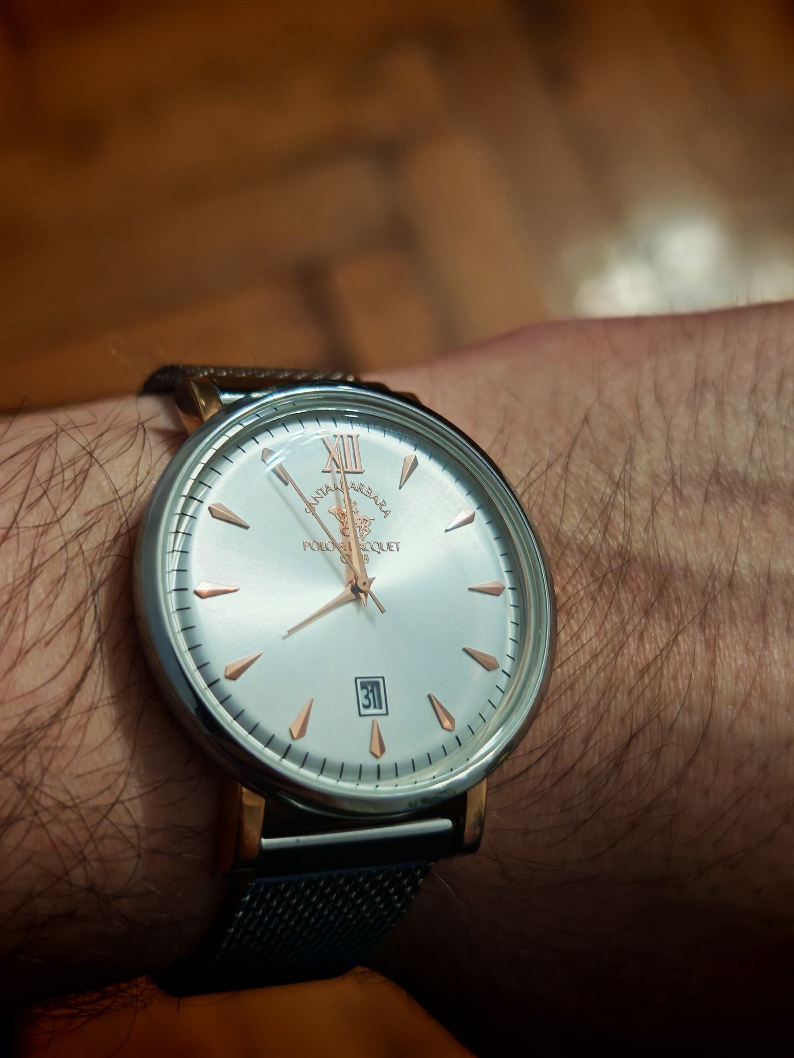 Stainless steel wristwatch examined in natural light before authentication