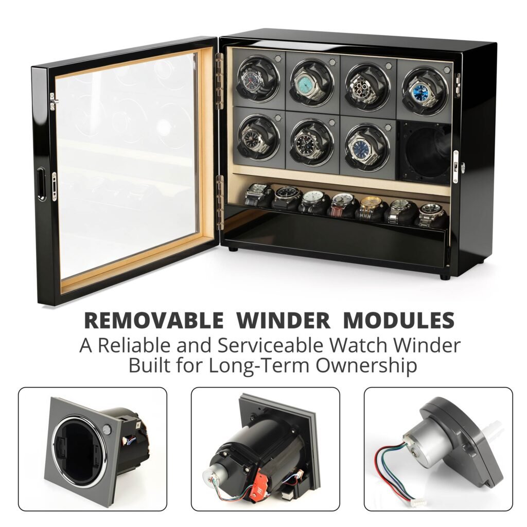 GALOSOM 8+7 watch winder with removable winding modules, independent control circuits and contact-based electrical connectors